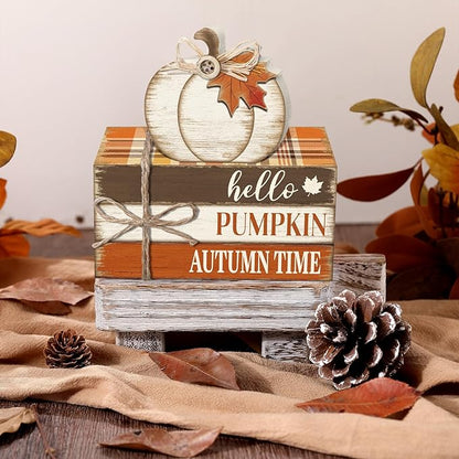 Geelin 4 Pcs Fall Tiered Tray Decorations Thanksgiving Wooden Pumpkin and Maple Leaf Book Stack Signs, Autumn Vintage Table Decoration for Home Office Table Shelf Centerpiece Farmhouse Decorations