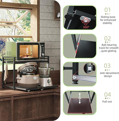 NETEL Expandable Microwave Stand,2 Tier Metal Kitchen Countertop Organizer Shelves with 8 Hooks,Bakers Rack,Pull-Out Microwave Shelf,55lbs Weight Capacity,Black