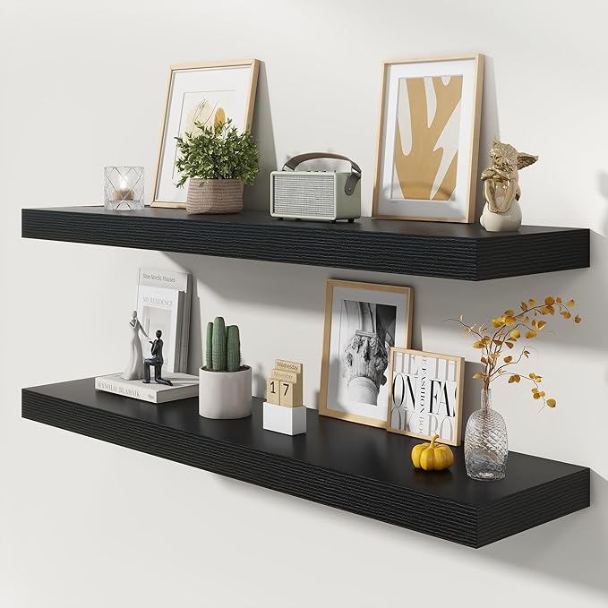 48 Inch Floating Shelves | 12 Inch Deep Black Floating Shelves Set of 2 | 48" W x 12" D Black Wood Wall Shelves for Bathroom Living Room Kitchen Laundry Room