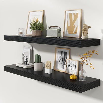 48 Inch Floating Shelves | 12 Inch Deep Black Floating Shelves Set of 2 | 48" W x 12" D Black Wood Wall Shelves for Bathroom Living Room Kitchen Laundry Room