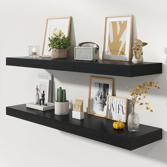 48 Inch Floating Shelves | 12 Inch Deep Black Floating Shelves Set of 2 | 48" W x 12" D Black Wood Wall Shelves for Bathroom Living Room Kitchen Laundry Room