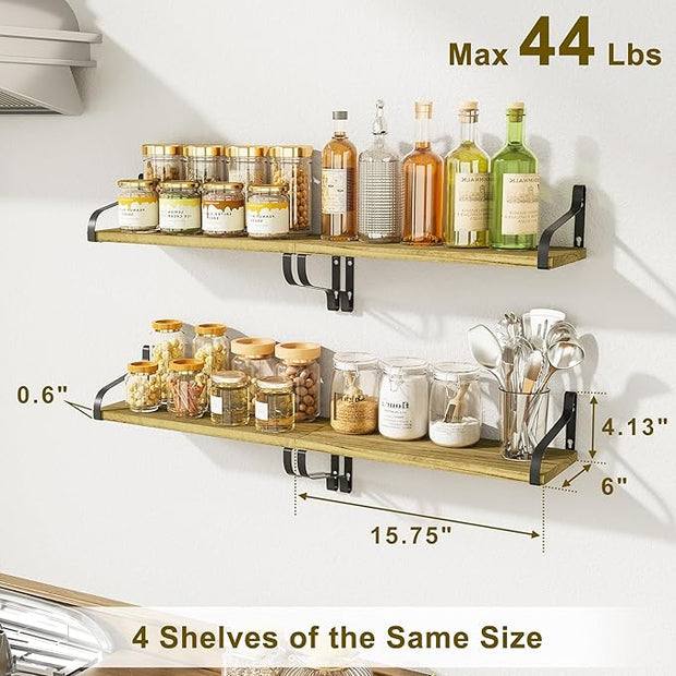 Love-KANKEI Floating Shelves for Wall Set of 4, 15.7 Inch Wood Wall Shelves with Bracket, Rustic Hanging Shelves for Bathroom, Bedroom, Kitchen, Living Room,Office Display Carbonized Black