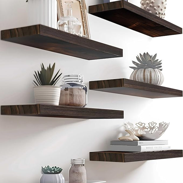 PHPH Wood Floating Shelves for Wall, Wooden Wall Shelves for Bedroom, Set of 6 Brown 17 Inch
