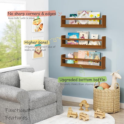Floating Nursery Book Shelves Wall Mounted, Wooden Wall Bookshelf for Kids Room, Dark Wood Hanging Book Shelf for Baby Toddler Childrens Bedroom (24 Inch, Walnut Brown, Set of 3)
