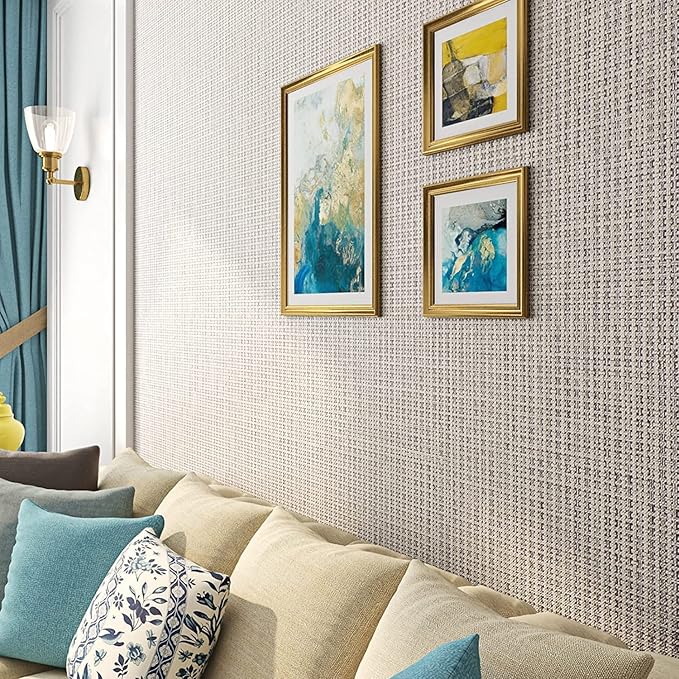 FunStick 24"x200" Grey Grasscloth Peel and Stick Wallpaper for Bathroom Waterproof Linen Fabric Wall Paper Textured Self Adhesive Geometric Wallpaper Removable Contact Paper for Cabinets Walls Drawers
