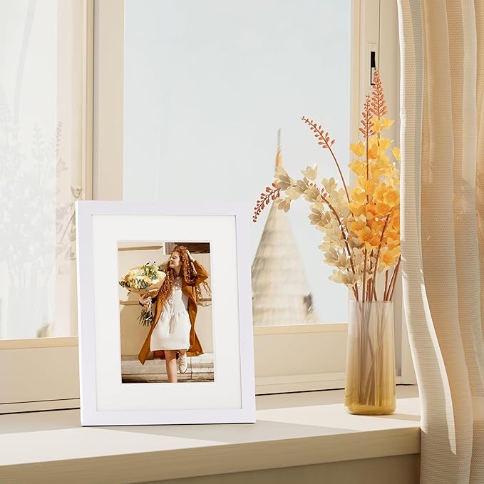 Vittanly 8x10 Picture Frame Set of 4, Display Pictures 5x7 with Mat or 8x10 without Mat, Gallery Wall Frame Set for Wall or Tabletop Display, Engineered Wood with Shatter Resistant Plexiglass, White