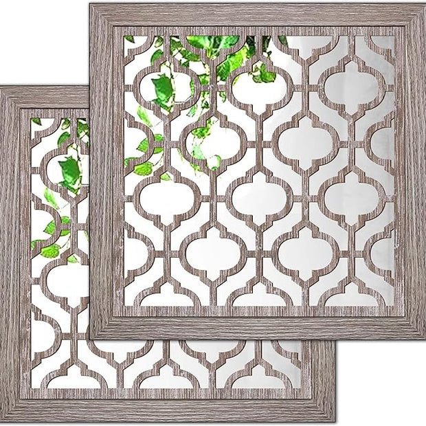 Yudarte 2pcs Set Square Moroccan Cutout Wall Mirror Decor - Farmhouse Rustic Decorative Mirrors for Bedroom Bathroom Living Room Kitchen Entryway 12x12 Inches