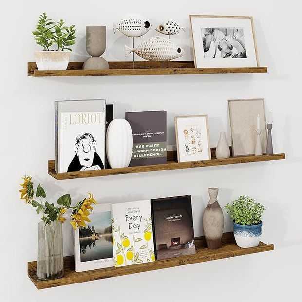 Axeman 40 Inch Floating Shelves | Brown Picture Ledge Shelf Set of 3 | Rustic Brown Wood Wall Shelves with Lip | 40" Picture Shelf for Wall with Ledge | Photo Shelves