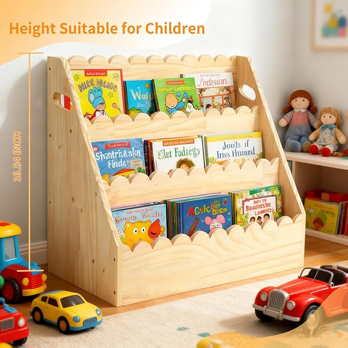 Kids Bookshelf 3-Tier, Solid Wood Bookcase & Montessori Book Display Rack, Open Front Facing Bookshelves for Toddlers, Children's Room, Nursery, Bedroom, Playroom Organizer (Large)