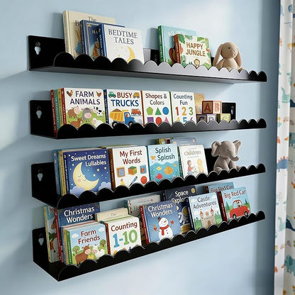 24 Inch Nursery Book Shelves Set of 4, Black Metal Floating Shelves for Wall, Scalloped Cloud Book Shelf for Kids Room, Bathroom, Bedroom, Playroom Wall Decor & Storage