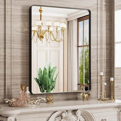 Black Bathroom Mirror, 20x30 Inch Rounded Rectangle Matte Framed Wall Mounted Mirror, Bathroom Vanity Mirror, Tempered Glass, Anti-Rust, Horizontal/Vertical