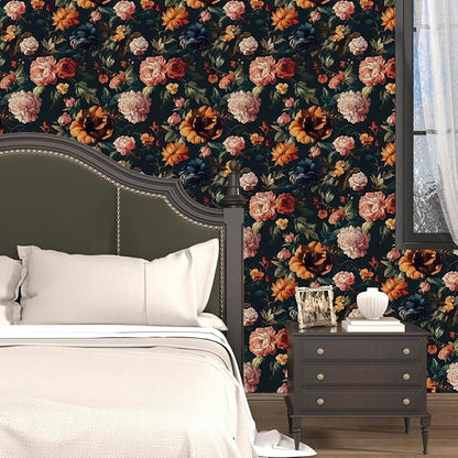 Colorful Floral Peel and Stick Wallpaper Gothic Dark Contact Paper Orange Flower Vintage Wall Mural for Bedroom Bathroom Vinyl Waterproof Self Adhesive Removable Renter Dorm Wall Paper 17.5" x 118"