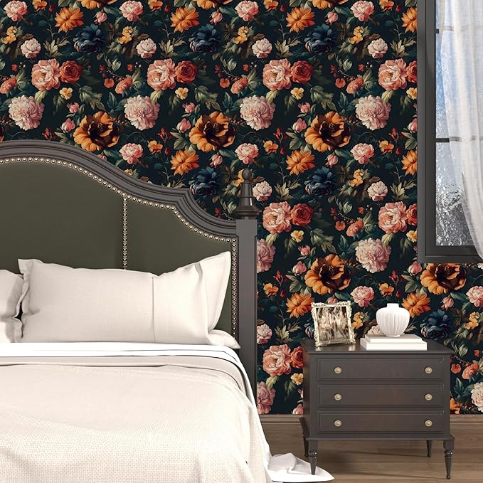 Colorful Floral Peel and Stick Wallpaper Gothic Dark Contact Paper Orange Flower Vintage Wall Mural for Bedroom Bathroom Vinyl Waterproof Self Adhesive Removable Renter Dorm Wall Paper 17.5