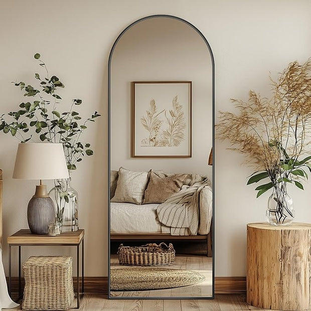 Antok 56" x15” Arched Full Length Floor Mirror, Black Aluminum Frame, Free Standing/Wall Mount/Leaning for Bedroom, Living Room, Dressing Room