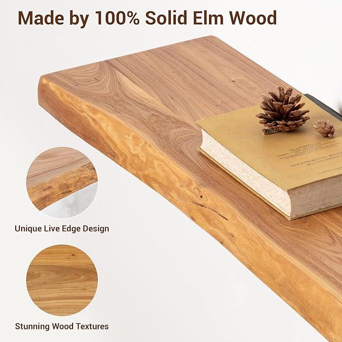 fuqing Wood Floating Shelves for Wall - Solid Elm Wood Live Edge Floating Shelves 24 Inch - 9 Inch Deep Natural Wooden Wall Shelves with Upgraded Heavy Duty Brackets and Anchors