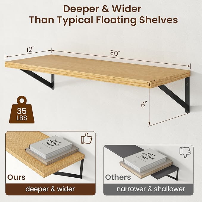Axeman Deep Floating Shelves - 30 Inch Floating Shelves Set of 2-12 Inch Deep Oak Wall Shelves for Living Room Bathroom Kitchen