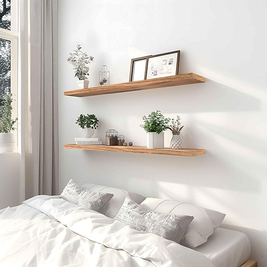 PHPH 48 Inch Wood Floating Shelves for Wall, Wooden Wall Shelves for Bedroom, Set of 4 Light Brown