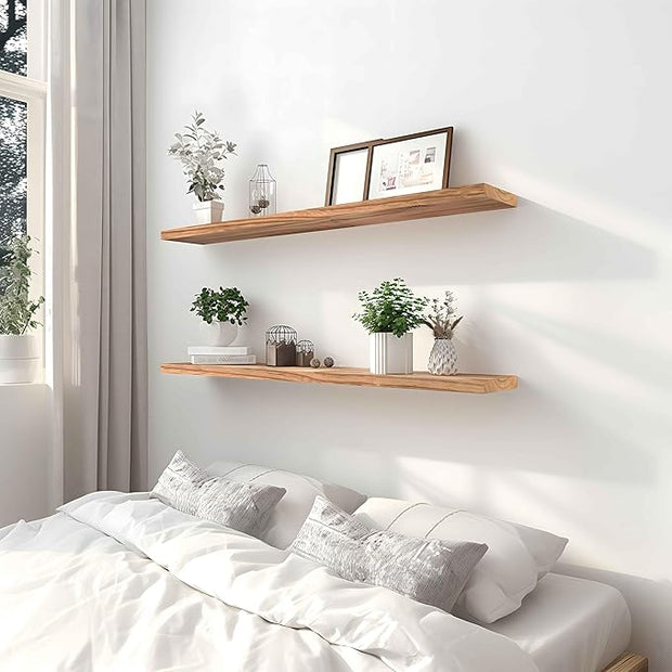 PHPH 48 Inch Wood Floating Shelves for Wall, Wooden Wall Shelves for Bedroom, Set of 4 Light Brown