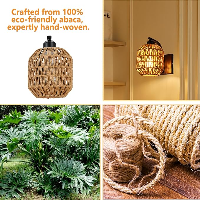 lobolighting Boho Rattan Wall Sconces Set of Two Hardwired Hand-Woven Farmhouse Wall Lamps Indoor Rustic Wall Mount Light Fixtures for Bedroom Living Room Nursery Hallway (Bulbs Not Included)