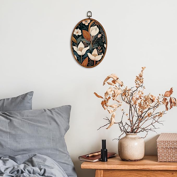 KSDUT Flower Wall Art Decor - Botanical Neutral Mid Century Modern Wall Art Canvas Frame Hanging Prints, Vintage Landscape Oval Wall Art Decor for Home Decorations 8.6