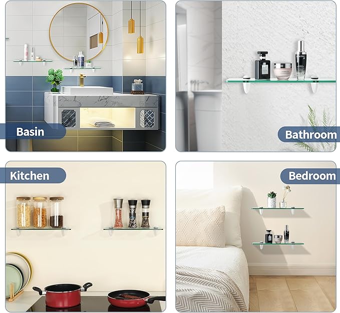Alise Bathroom Glass Shelf, 15 Inch Floating Shelves, Tempered Glass Shower Storage, Wall Mount Small Glass Shelves for Bathroom, Showers, Over The Toilet