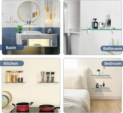 Alise Bathroom Glass Shelf, 15 Inch Floating Shelves, Tempered Glass Shower Storage, Wall Mount Small Glass Shelves for Bathroom, Showers, Over The Toilet