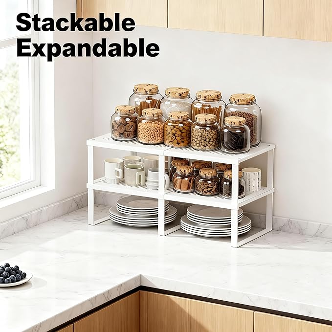 2 Pack Expandable Cabinet Shelves Organizer Width 11'' Stackable Kitchen Counter Storage Shelves,Adjustable Width Pantry Shelf Spice Rack