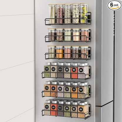 6 Pack Magnetic Spice Rack Organizer for Refrigerator and Microwave Oven, Metal Fridge Shelf for Kitchen, Matt Black