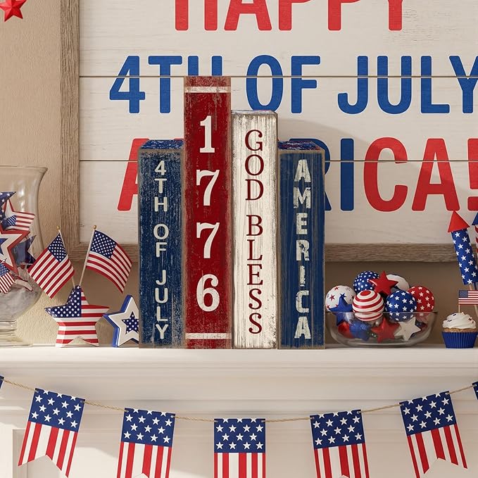 4 Pcs 4th of July Table Decoration Wooden Book 1776 God Bless America Decor Patriotic Tiered Tray Decor Farmhouse Red White and Blue American Block Signs for 250th Anniversary Home Shelf