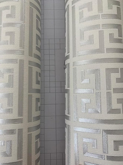 17.7"x236.0"Greek Key Peel and Stick Wallpaper Modern Classic Geometric Trellis Self Adhesive Wallpaper Silver/White Textured Vinyl Contact Paper Washable