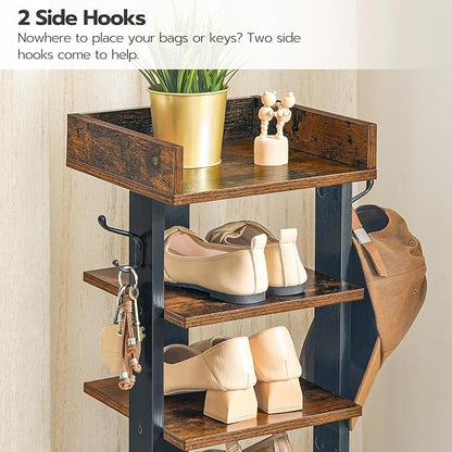 HOOBRO Vertical Shoe Rack for Front Door Entryway, 7 Tier Wooden Shoe Storage Organizer with Hooks, Narrow Shoe Tower for 7 Pairs, Space Saving, for Corner, Closet, Bedroom, Rustic Brown BF61XJ01