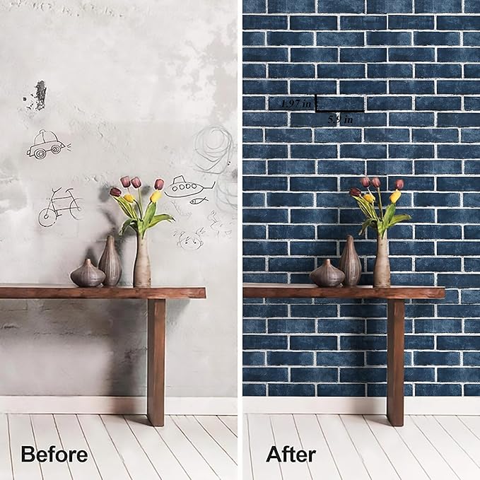 HeloHo 17.7" X 394" Blue Brick Wallpaper Peel and Stick Self-Adhesive Removable 3D Textured Wall Paper for Kitchen Backsplash Living Room Bedroom Decor