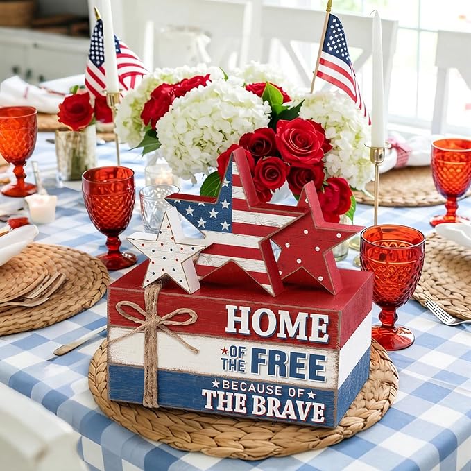 Geelin 4 Pcs Memorial Day Patriotic Wooden Book Stack Decorations, Tabletop Book Sign Ornaments with American Flag Stars, Rustic Red White Blue Tiered Tray Decor for Home, Office, Independence Day