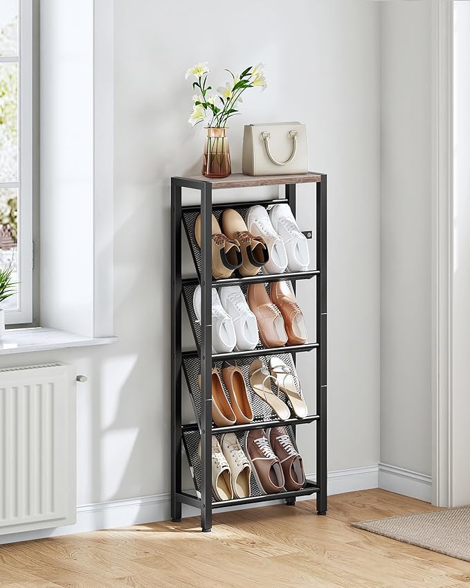 Shoe Rack, 5-Tier Slanted Shoe Rack, Narrow Shoe Storage Shelf, Slim Shoe Organizer for Entryway, Space-Saving, Wooden Top and Metal Frame, for Entryway, Hallway, Greige and Black TXJ03BG