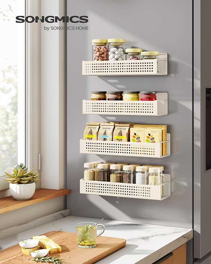 SONGMICS Strong Magnetic Spice Rack for Refrigerator, Set of 4, 2 Large and 2 Small Kichen Magnetic Shelves for Microwave, Washing Machine, Spice Organizers, No Drilling Needed, Cream White UKCS061W01