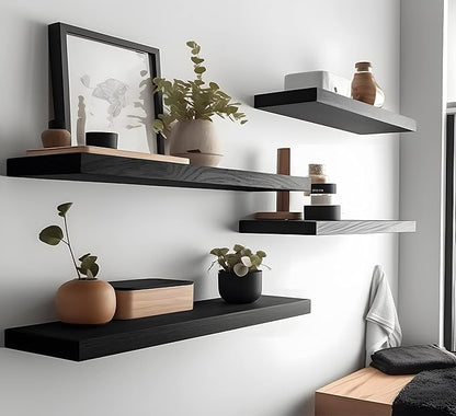 24 Inch Black Wood Floating Shelves for Wall Rustic Wall Shelf for Bedroom Living Room Set of 4