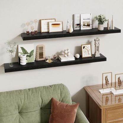 48 Inch Floating Shelves | 6.5 Inch Deep Black Floating Shelves Set of 2 | 48" W x 6.5" D Rustic Black Wood Wall Shelves with Invisible Brackets for Bathroom Living Room Bedroom