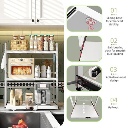 NETEL Expandable Microwave Stand,3 Tier Metal Kitchen Countertop Organizer Shelves with 8 Hooks,Bakers Rack,Pull-Out Microwave Shelf,Metal Storage Shelves,110lbs Weight Capacity,White