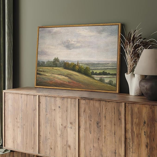 SHENIFY Landscape Framed Canvas Wall Art 24x36in Large Vintage Classical Rural Hill Prints Hallway Bathroom Office Decor - Natural Framed