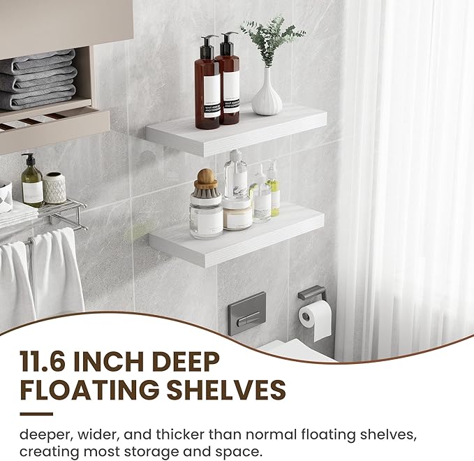 24 Inch Floating Shelves, 12 Inch Deep Floating Shelves for Wall, Floating Shelf with Invisible Brackets, Deep Shelves for Bathroom, Bedroom, Living Room, 2 Pack, White