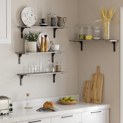 DINZI LVJ Long Wall Shelves, 31.5 Inch Wall Mounted Shelves Set of 2, Easy-to-Install, Floating Storage Ledges with Sturdy Metal Brackets for Living Room, Bathroom, Bedroom, Kitchen, Gray Wash