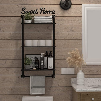 Bathroom Shelves Wall Mounted, Rustic Farmhouse Pipe Shelves, Walls Shelf 3-Tier, Industrial Pipe Shelving, Floating Shelf Wall Decor for Bathroom, Kitchen, Bedroom, Living Room 17.3in Black