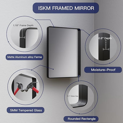 ISKM 30"x 30" Black Framed Bathroom Mirror for Wall, Bathroom Vanity Mirror Anti-Rust, Tempered Glass, Rounded Rectangle Mirror(Horizontal/Vertical)