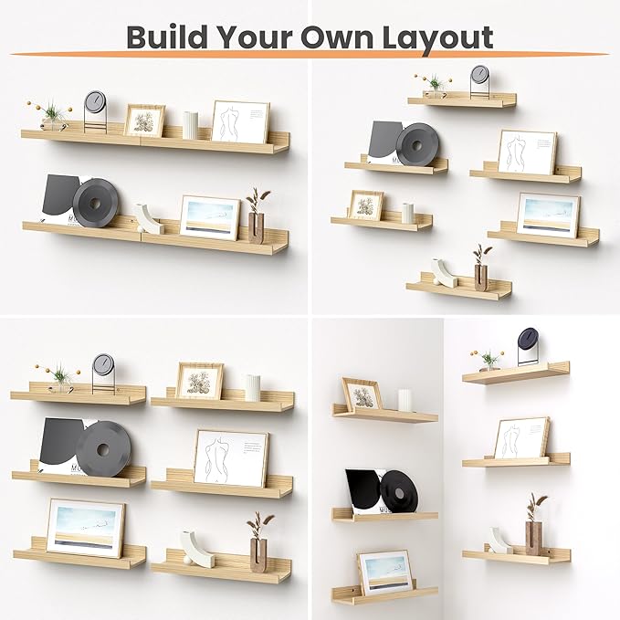 upsimples Floating Shelves for Wall, Wall Shelves for Decor Storage Set of 6, Wall Mounted Wood Shelf for Bedroom, Living Room, Bathroom, Kitchen, Picture Ledge Shelves, Natural