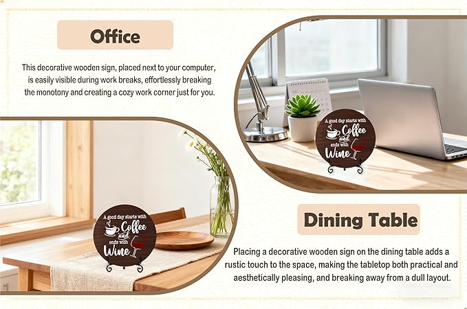 Coffee And Wine Desk Decor Sign, Rustic Funny Wooden Box Plaque, A Good Day Starts With Coffee And Ends With Wine Wood Sign, Decor For Home Kitchen Table Top, Wooden Round With Stand-21