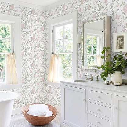 Floral Wallpaper Pink/Green Wallpaper Vintage Peel and Stick Wall Paper Boho Botanical Contact Paper for Cabinets Bird Butterfly Renter Friendly Self-Adhesive Bathroom Bedroom 78.7"×17.3"