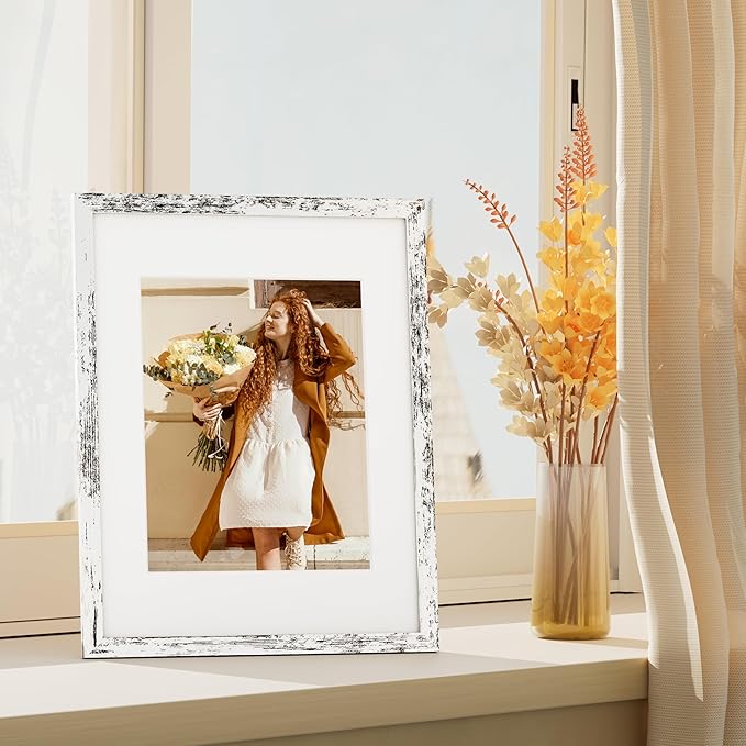 Vittanly 11x14 Picture Frame Set of 4, Display Pictures 8x10 with Mat or 11x14 without Mat, Engineered Wood with HD Plexiglass, Gallery Photo Frames for Wall or Tabletop Display, Distressed White