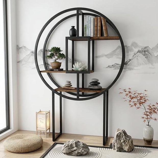OFFICEROO Round Etagere Bookshelf 4ft 3in – Modern Asian Inspiration Circular Bookcase Shelf, Tall Circle Bookshelf & Round Shelf Standing for Living Room Display