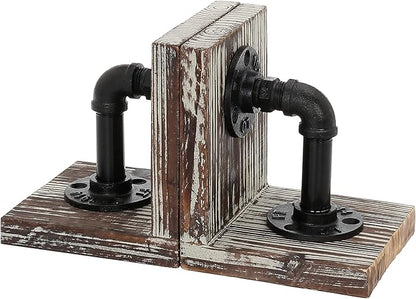 MyGift Decorative Bookends, Office Book Ends for Shelf, Book Holder L-Shaped Stand Desktop, Solid Torched Wood with Realistic Industrial Pipe Design