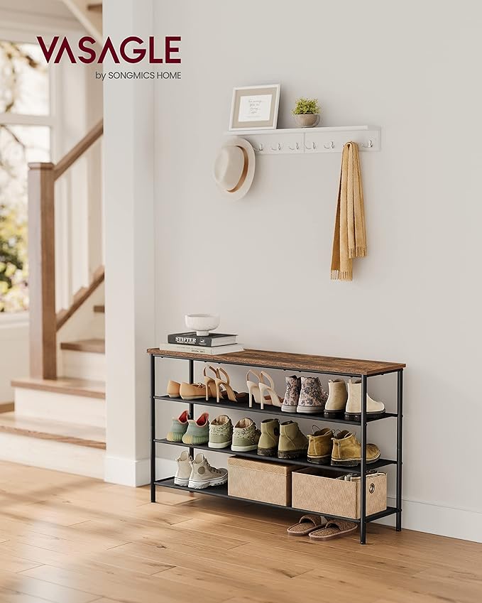 VASAGLE Shoe Rack, 4-Tier Shoe Storage Organizer for Entryway and Closet, Holds 15-18 Pairs of Shoes, 3 Fabric Shelves, Steel Frame, Industrial, Rustic Brown and Black ULBS135B01